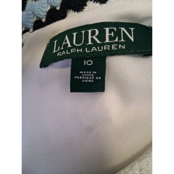 Lauren Ralph Lauren Short Sleeve Chevron Stripe Crochet Knit Dress 10 White Blue - Picture 10 of 10